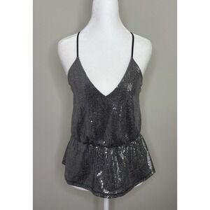 Express Sequin Gunmetal Criss Cross Perplum Tank Top‎ Sleeveless Silver Small